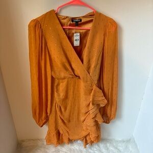 Express Women's Gold Wrap Ruffle Chiffon Dress in size Medium NWT